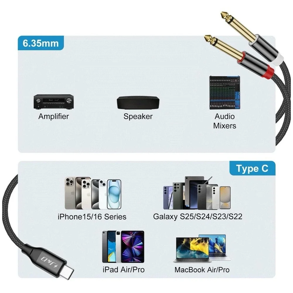 J&d USB C To Dual 6.35mm 1/4 Inch Stereo Splitter Y Cable Audio Cord‎ 3.3 Feet